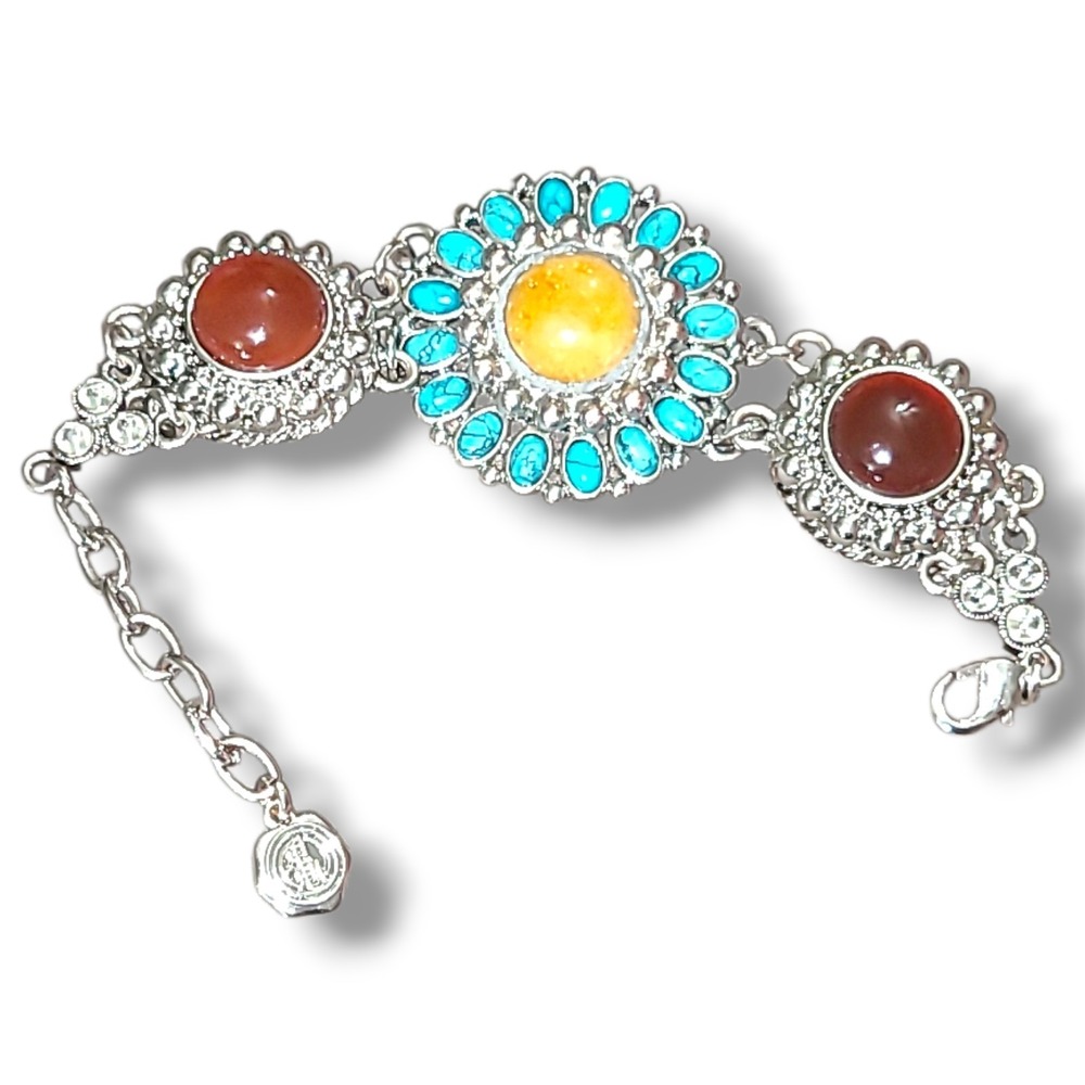 Vintage R.J. Graziano CN Bracelet Turquoise Red Amber Cabochon Boho Silver Tone